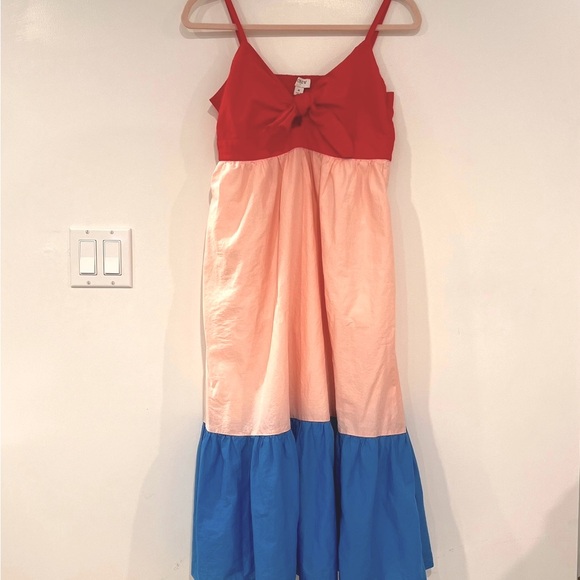 J. Crew Women’s Sz 6 Red, Pink, & Blue A-line Tiered 100% Cotton Midi Dress - Picture 3 of 10